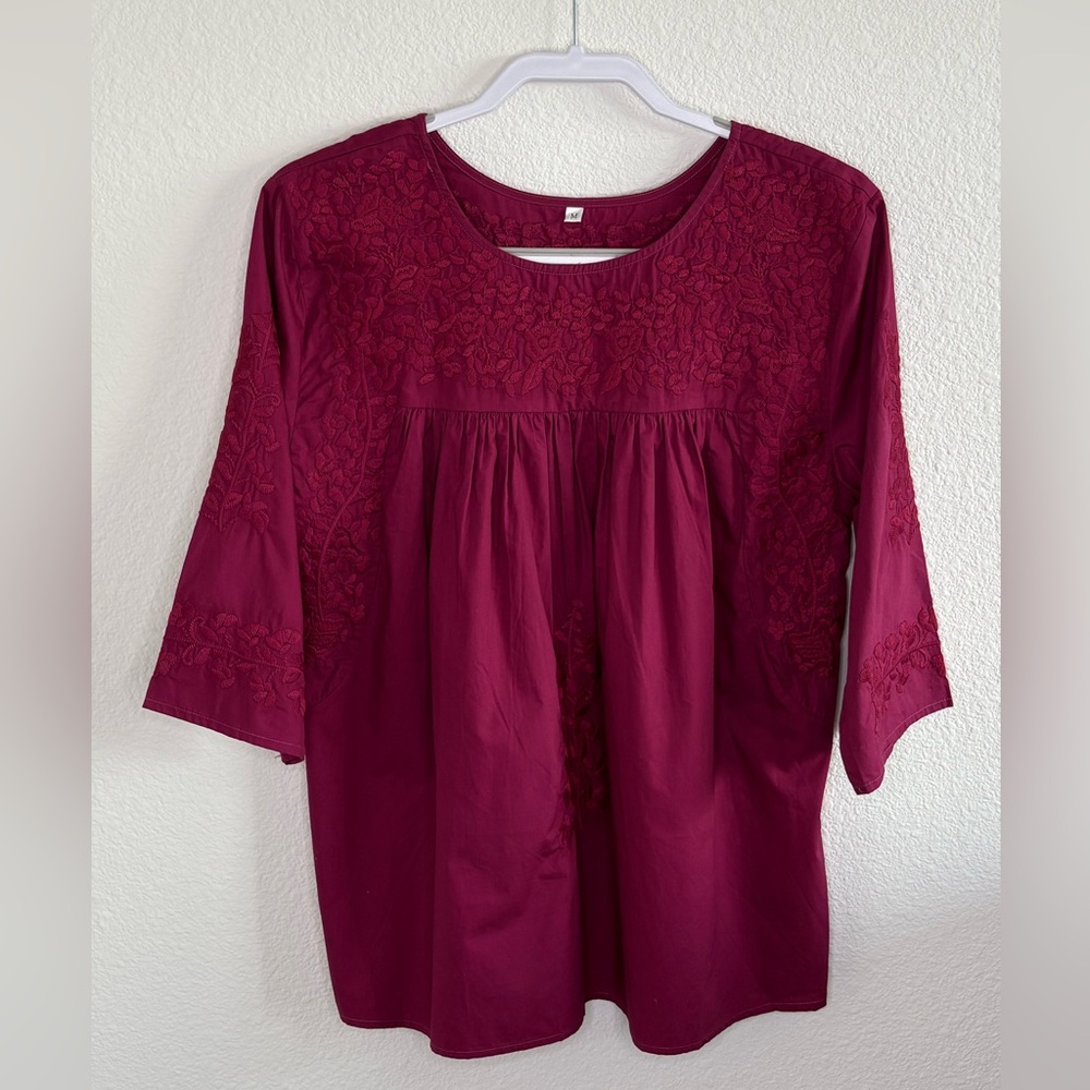 Women's Embroidered Floral Peasant Boho Blouse Size‎ M Cottagecore Western